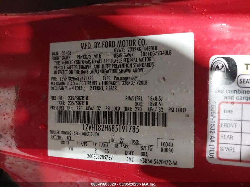 2008 Ford Mustang Gt Deluxe/Gt Premium VIN: 1ZVHT82H685191785 Lot: 41683320