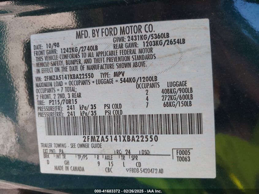 1999 Ford Windstar Lx VIN: 2FMZA5141XBA22550 Lot: 41683372