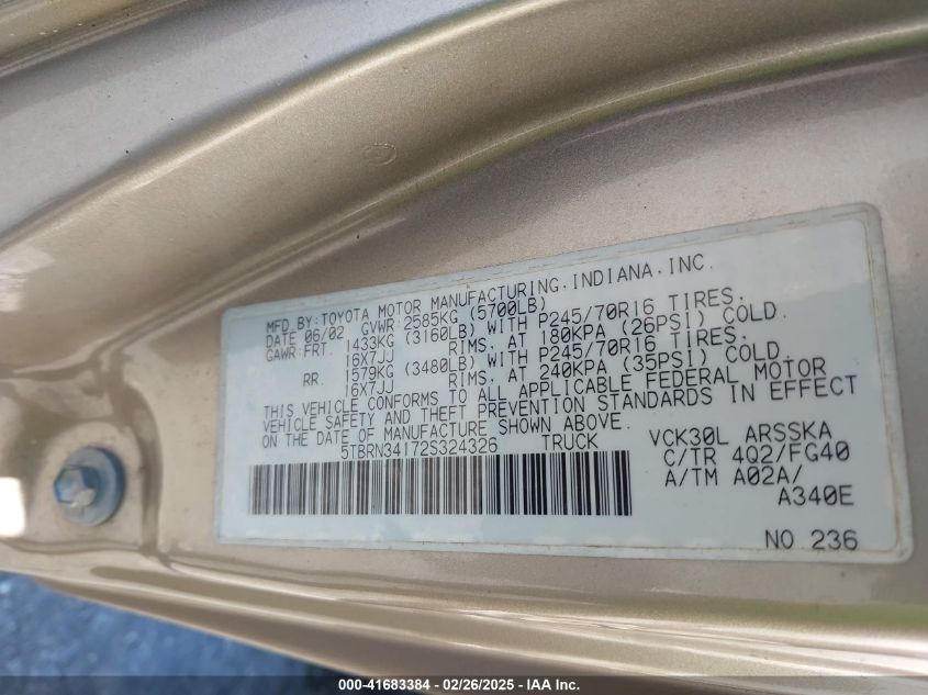 2002 Toyota Tundra Sr5 VIN: 5TBRN34172S324326 Lot: 41683384