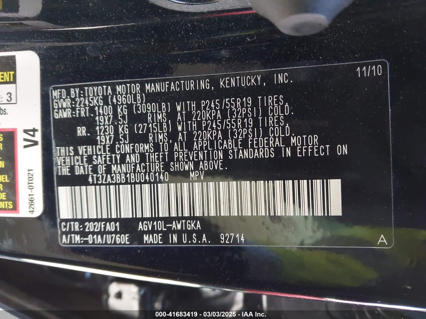 2011 TOYOTA VENZA VIN: 4T3ZA3BB1BU040140