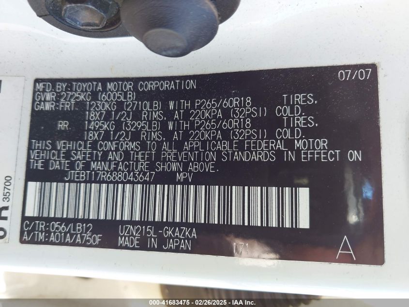 2008 Toyota 4Runner Limited V8 VIN: JTEBT17R688043647 Lot: 41683475