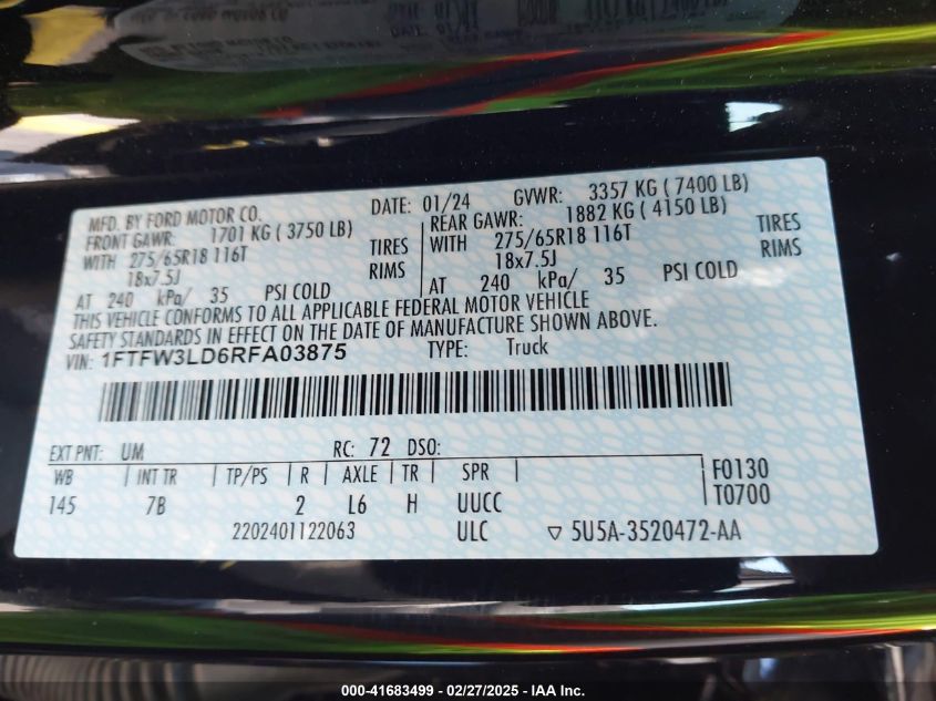 2024 Ford F-150 Xlt VIN: 1FTFW3LD6RFA03875 Lot: 41683499
