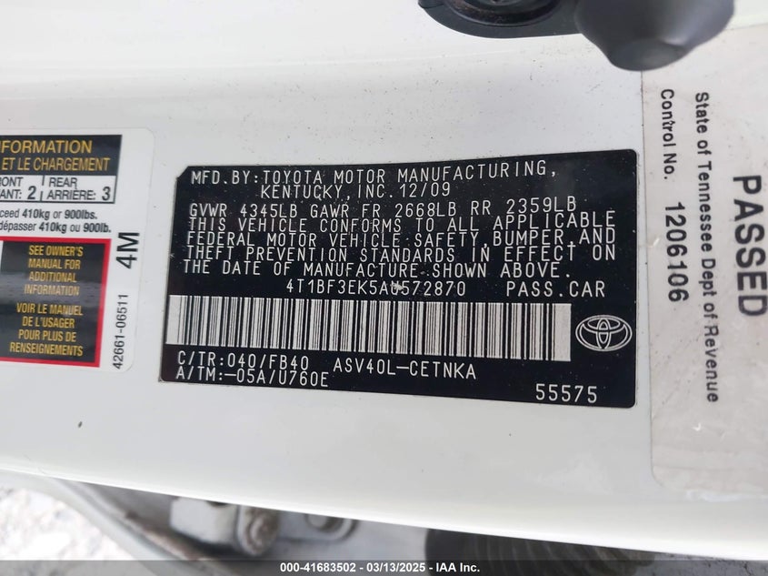 2010 TOYOTA CAMRY VIN: 4T1BF3EK5AU572870