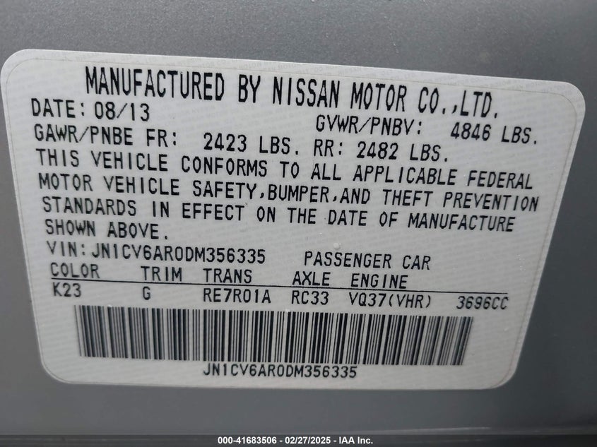 2013 INFINITI G37X - JN1CV6AR0DM356335