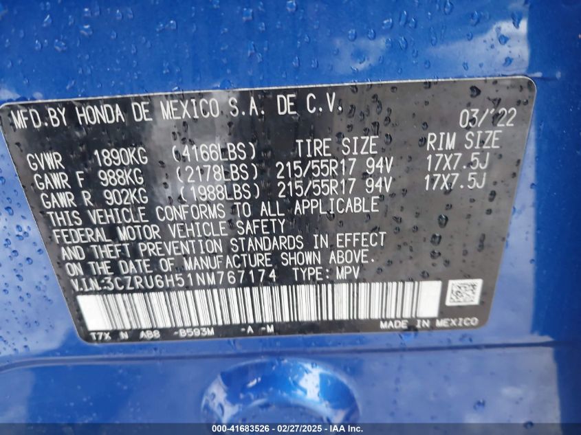 2022 Honda Hr-V Awd Ex VIN: 3CZRU6H51NM767174 Lot: 41683526