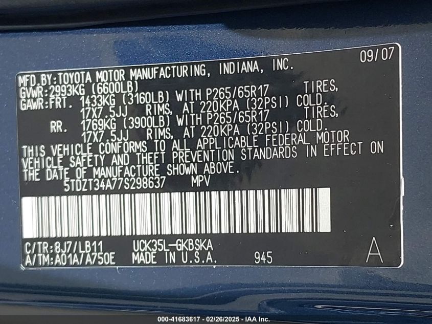 2007 Toyota Sequoia Sr5 V8 VIN: 5TDZT34A77S298637 Lot: 41683617