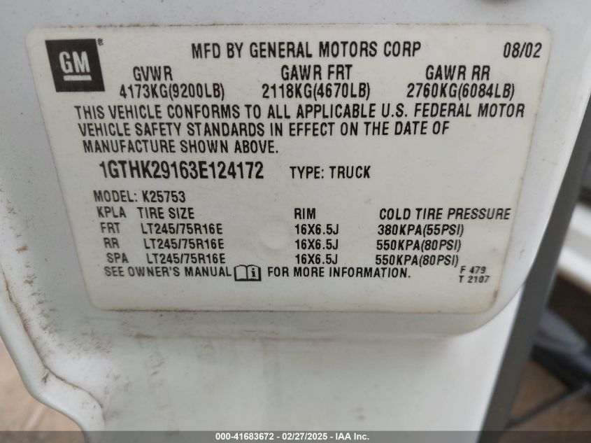 2003 GMC Sierra 2500Hd Slt VIN: 1GTHK29163E124172 Lot: 41683672