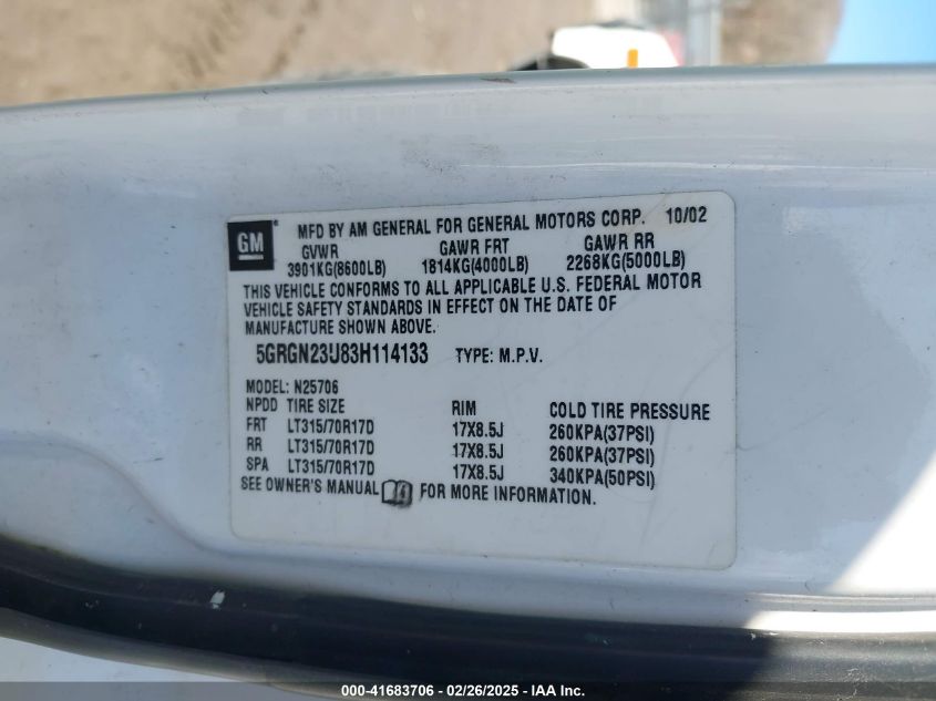 2003 Hummer H2 VIN: 5GRGN23U83H114133 Lot: 41683706