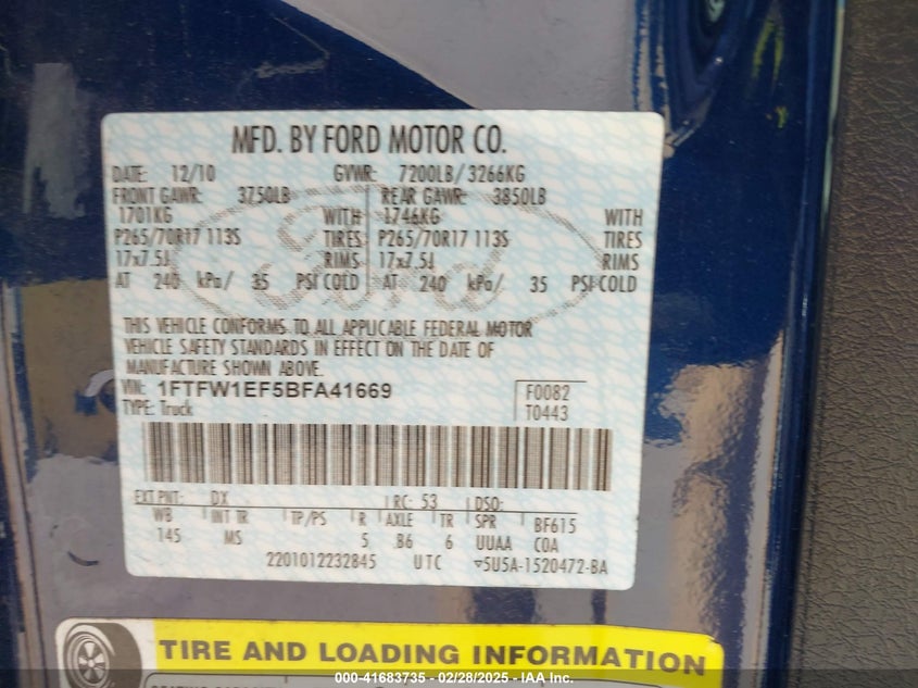 2011 FORD F-150 VIN: 1FTFW1EF5BFA41669