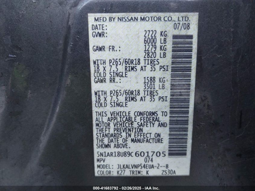 2009 Nissan Pathfinder Le VIN: 5N1AR18U89C601705 Lot: 41683792