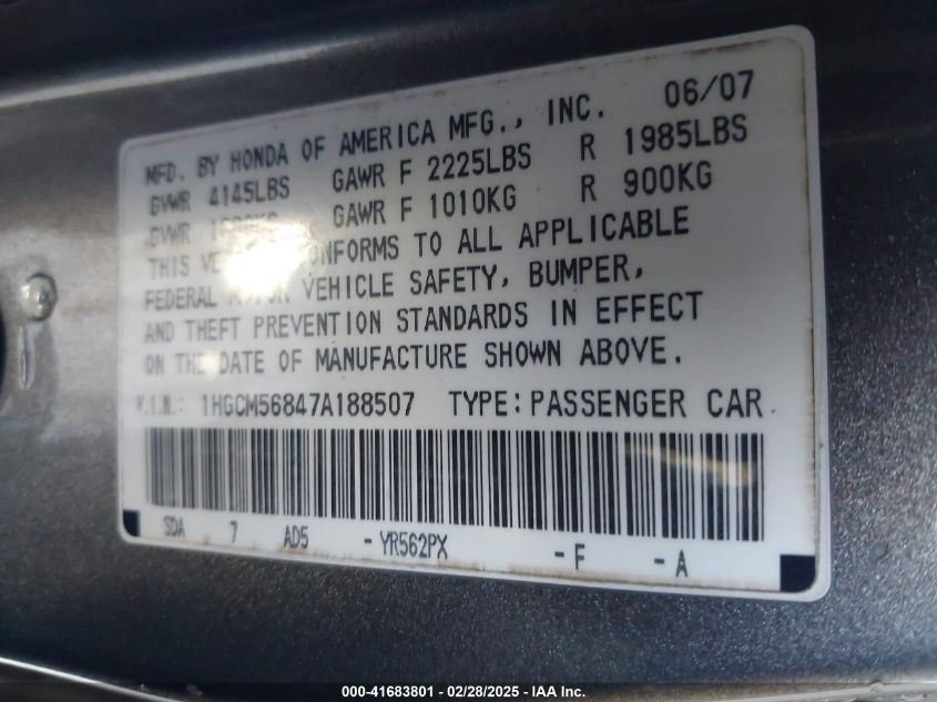 2007 Honda Accord 2.4 Ex VIN: 1HGCM56847A188507 Lot: 41683801