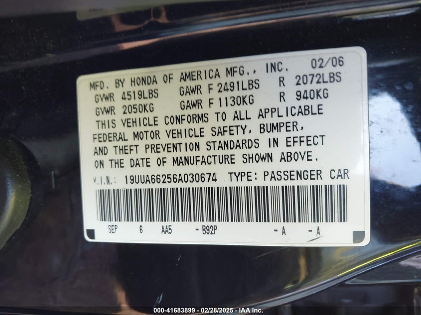 2006 ACURA TL VIN: 19UUA66256A030674