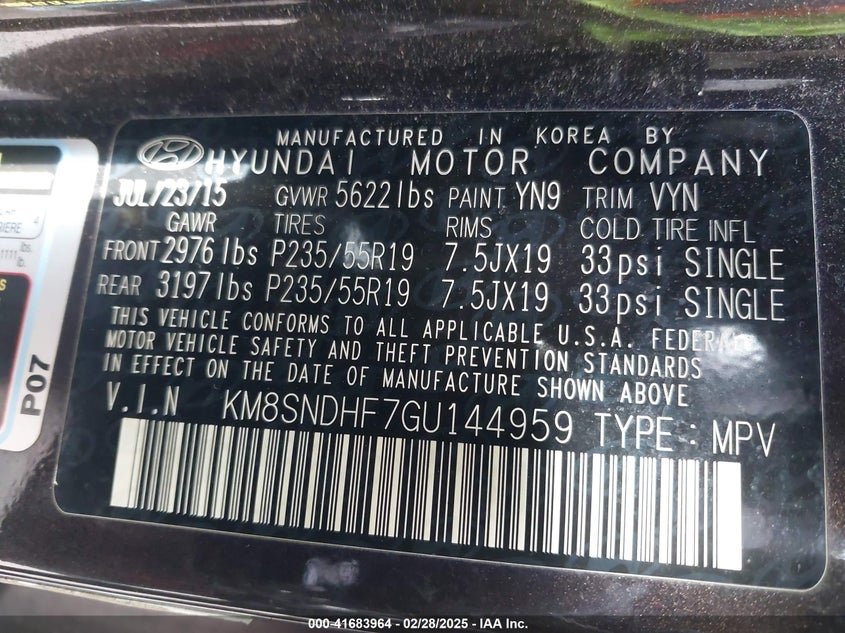 2016 HYUNDAI SANTA FE LIMITED - KM8SNDHF7GU144959