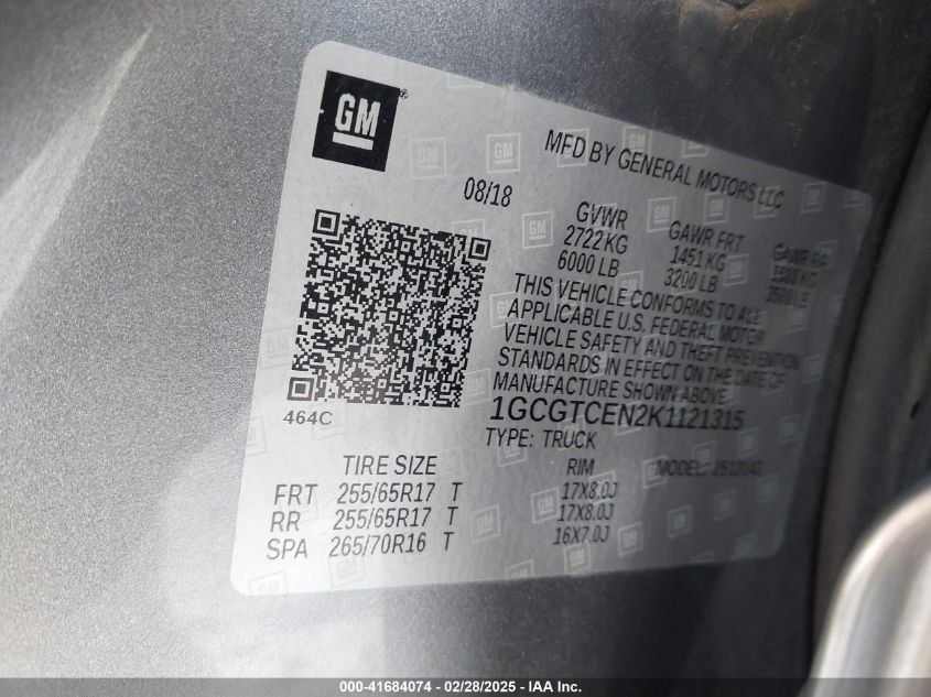 2019 Chevrolet Colorado Lt VIN: 1GCGTCEN2K1121315 Lot: 41684074