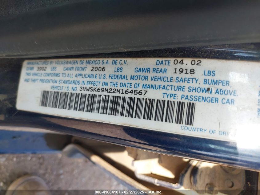 2002 Volkswagen Jetta Gls VIN: 3VWSK69M22M164567 Lot: 41684107