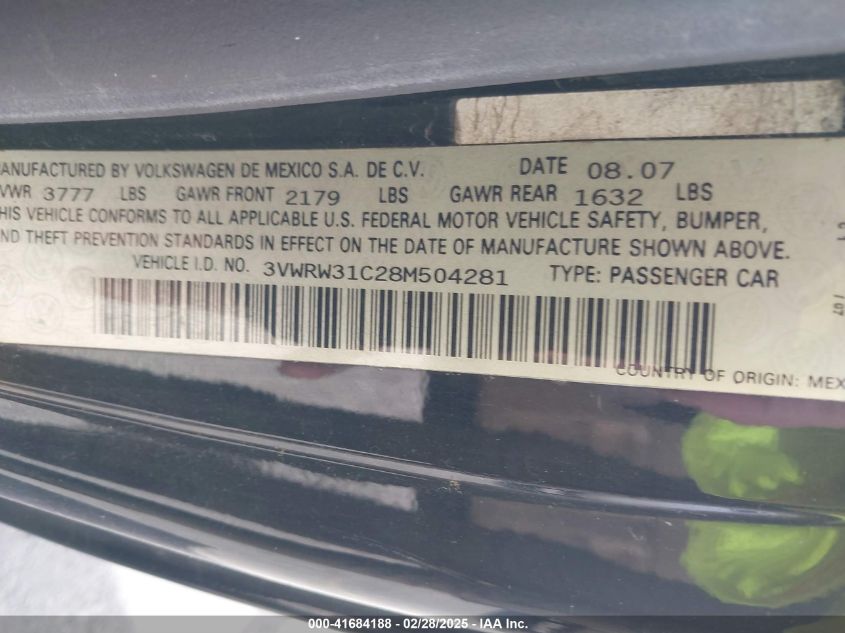 2008 Volkswagen New Beetle S/Se VIN: 3VWRW31C28M504281 Lot: 41684188