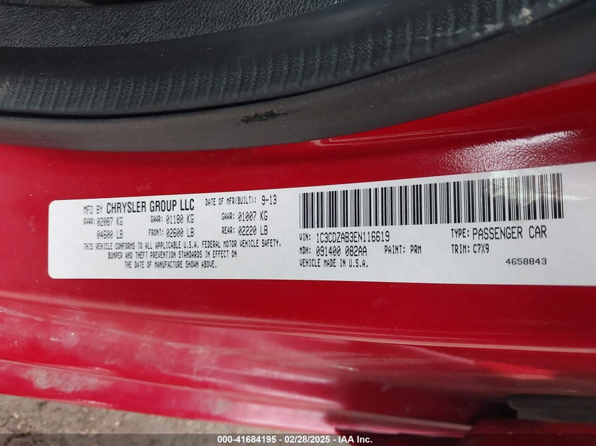 2014 DODGE AVENGER VIN: 1C3CDZAB3EN116619