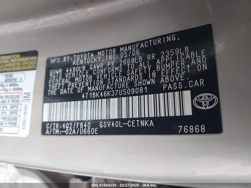 2007 TOYOTA CAMRY VIN: 4T1BK46K37U509081