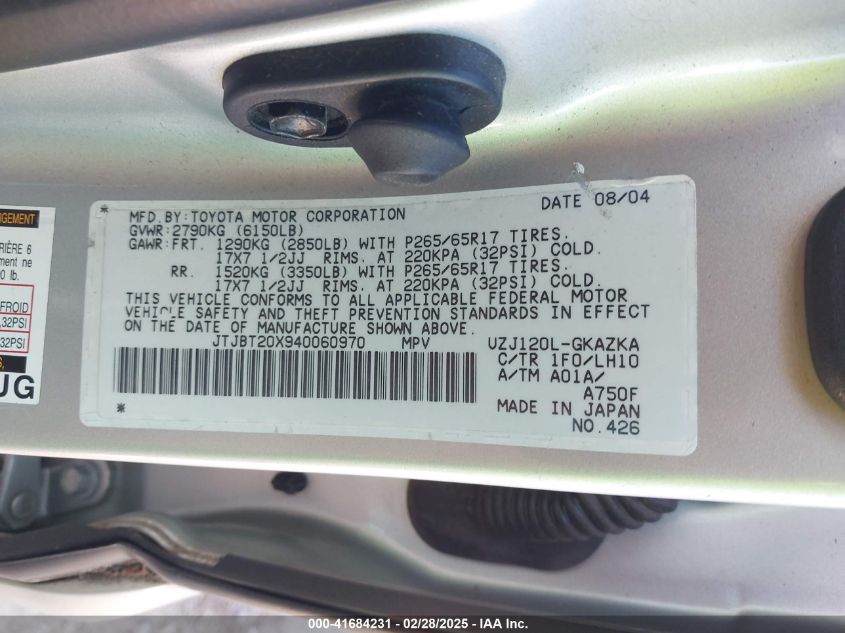 2004 Lexus Gx 470 VIN: JTJBT20X940060970 Lot: 41684231