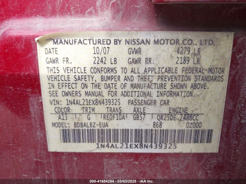 2008 Nissan Altima 2.5 S VIN: 1N4AL21EX8N439325 Lot: 41684284