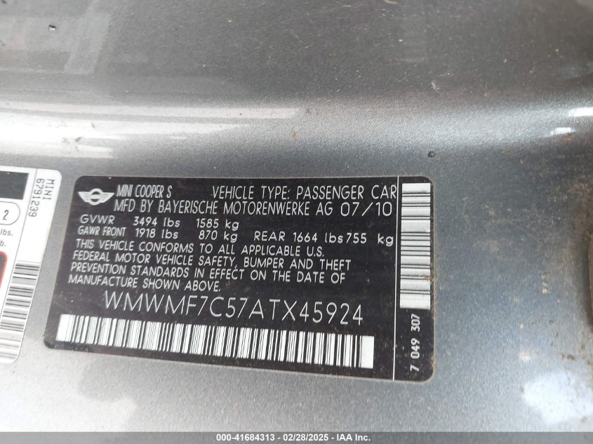 2010 Mini Cooper S VIN: WMWMF7C57ATX45924 Lot: 41684313