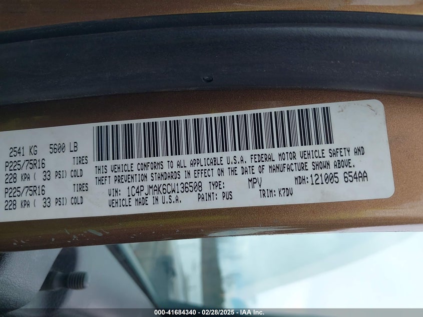 2012 JEEP LIBERTY VIN: 1C4PJMAK6CW136508