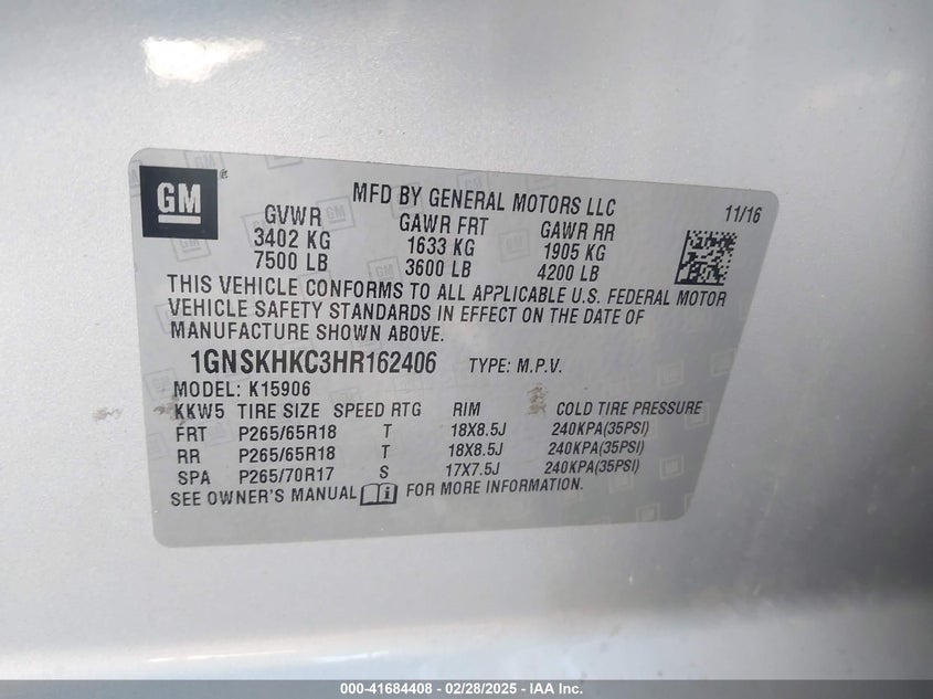 2017 CHEVROLET SUBURBAN VIN: 1GNSKHKC3HR162406