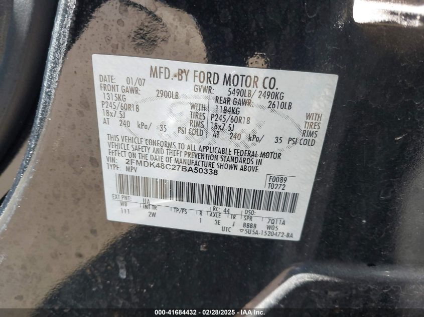 2007 Ford Edge Sel VIN: 2FMDK48C27BA50338 Lot: 41684432