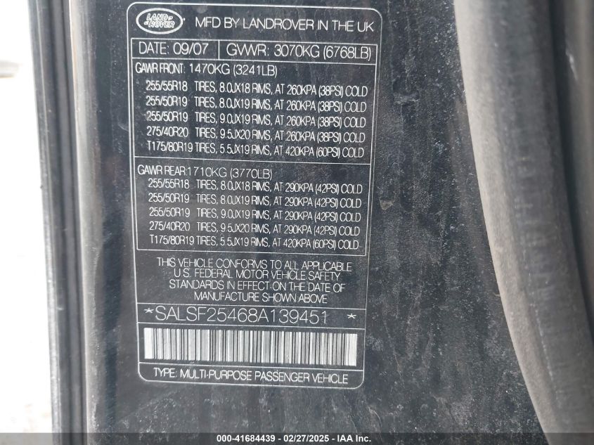 2008 Land Rover Range Rover Sport Hse VIN: SALSF25468A139451 Lot: 41684439