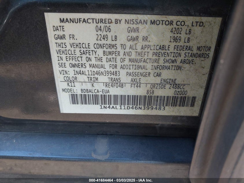 2006 NISSAN ALTIMA VIN: 1N4AL11D46N399483