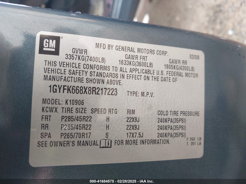 2008 CADILLAC ESCALADE VIN: 1GYFK668X8R217223