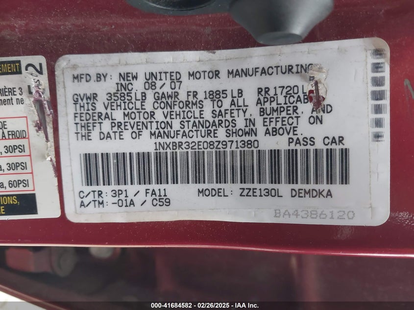 2008 TOYOTA COROLLA VIN: 1NXBR32E08Z971380