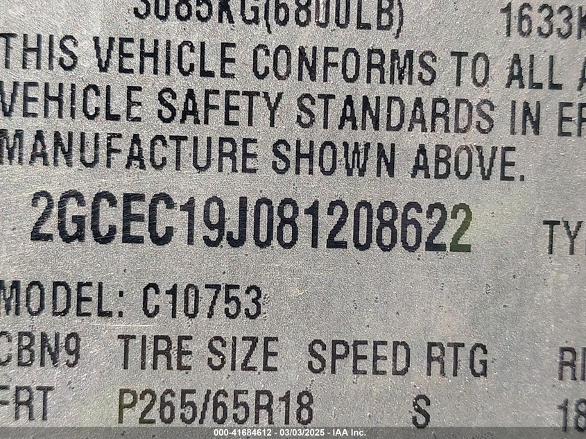 2008 CHEVROLET SILVERADO 1500 VIN: 2GCEC19J081208622