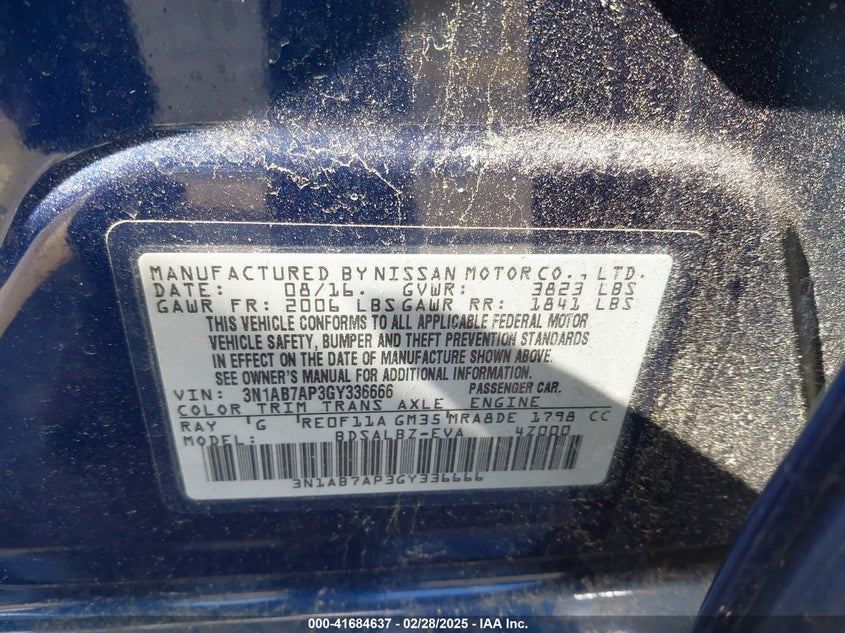 2016 NISSAN SENTRA VIN: 3N1AB7AP3GY336666