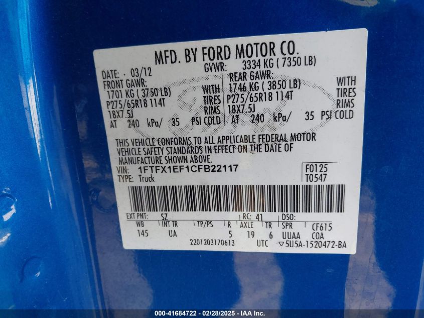 2012 Ford F-150 Xlt VIN: 1FTFX1EF1CFB22117 Lot: 41684722