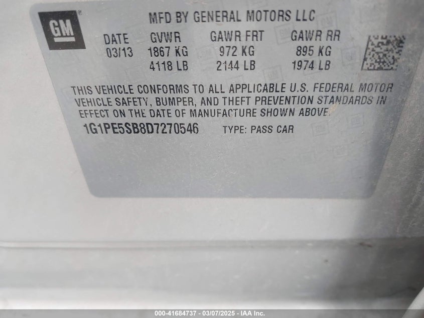 2013 CHEVROLET CRUZE VIN: 1G1PE5SB8D7270546