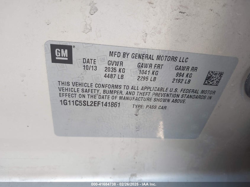 2014 Chevrolet Malibu 1Lt VIN: 1G11C5SL2EF141861 Lot: 41684738