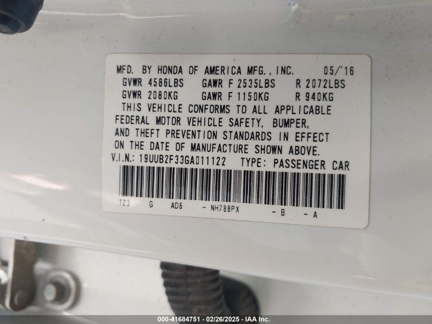 2016 Acura Tlx V6 VIN: 19UUB2F33GA011122 Lot: 41684751