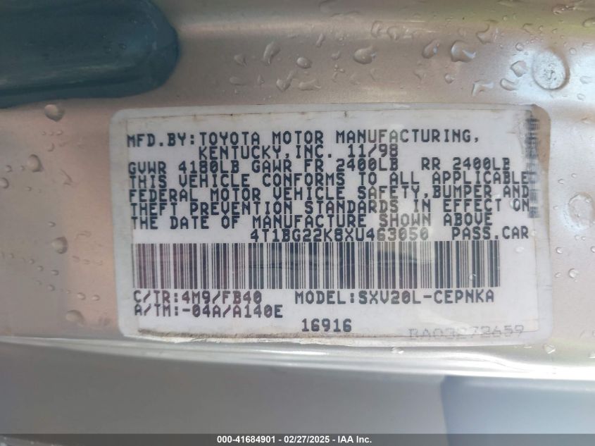 1999 Toyota Camry Le VIN: 4T1BG22K8XU463050 Lot: 41684901