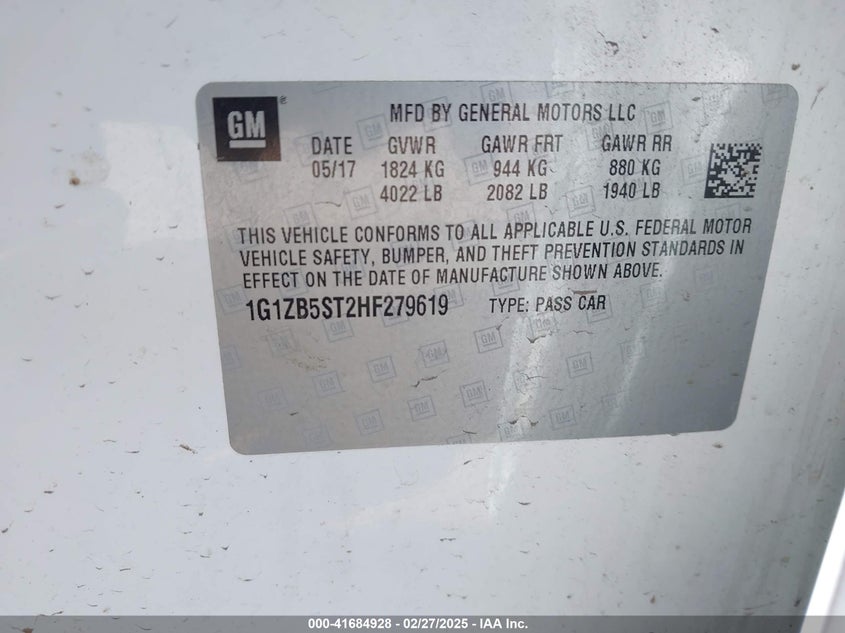 2017 CHEVROLET MALIBU VIN: 1G1ZB5ST2HF279619