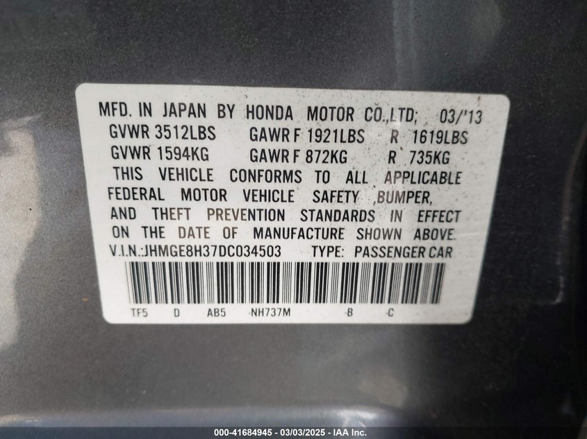2013 HONDA FIT - JHMGE8H37DC034503