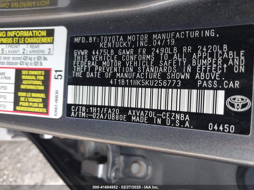 2019 TOYOTA CAMRY VIN: 4T1B11HK5KU256773