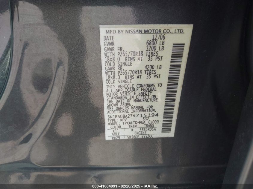 2007 Nissan Armada Se VIN: 5N1BA08A27N715194 Lot: 41684991