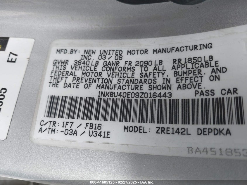 2009 TOYOTA COROLLA VIN: 1NXBU40E09Z016443