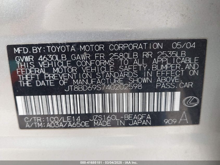 2004 Lexus Gs 300 VIN: JT8BD69S740202598 Lot: 41685181
