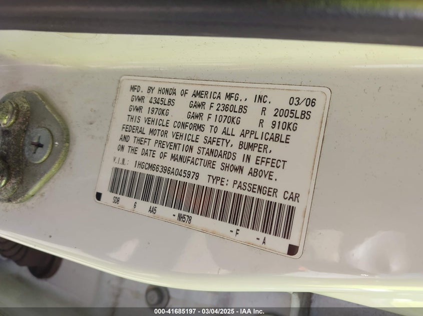 2006 HONDA ACCORD VIN: 1HGCM66396A045979