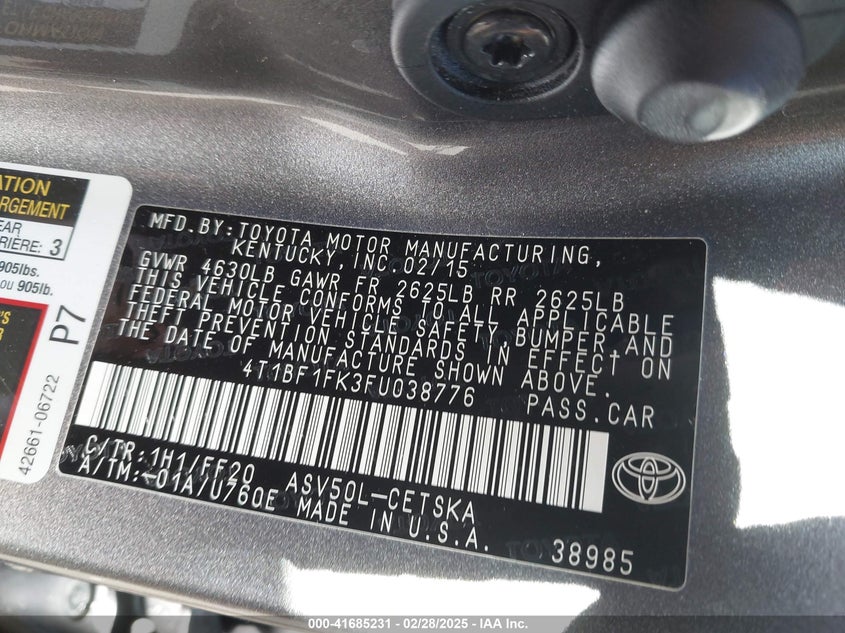 2015 TOYOTA CAMRY VIN: 4T1BF1FK3FU038776