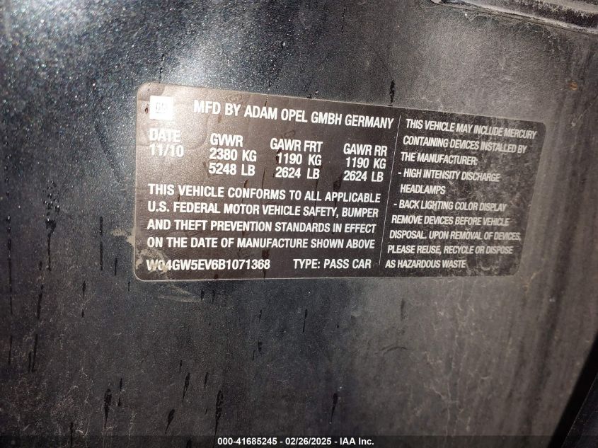 2011 Buick Regal Cxl Turbo Russelsheim VIN: W04GW5EV6B1071368 Lot: 41685245