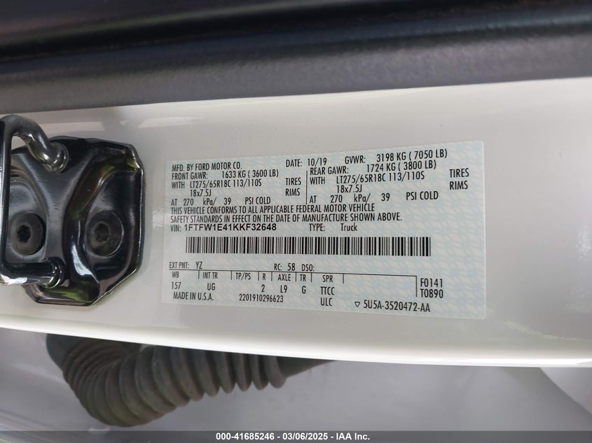 2019 FORD F-150 VIN: 1FTFW1E41KKF32648