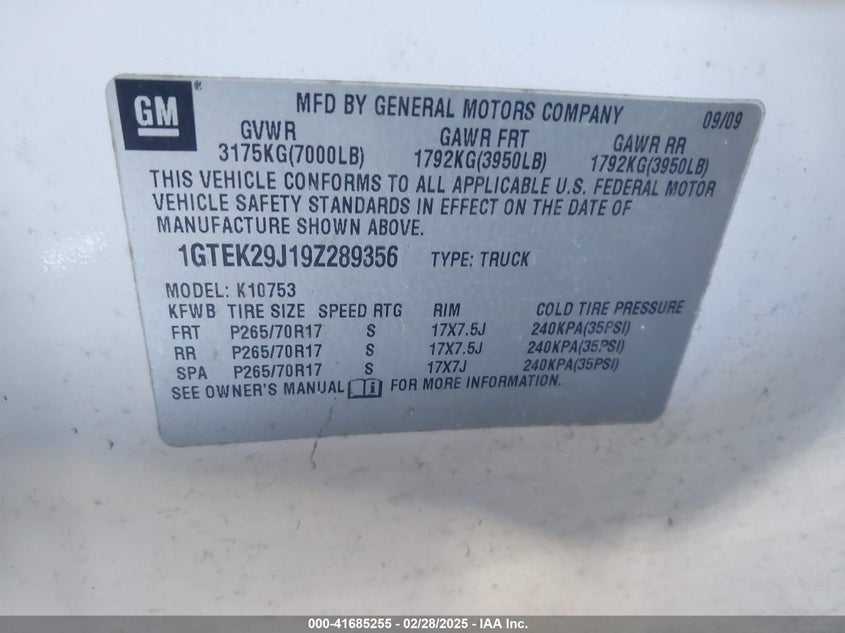 2009 GMC SIERRA 1500 VIN: 1GTEK29J19Z289356